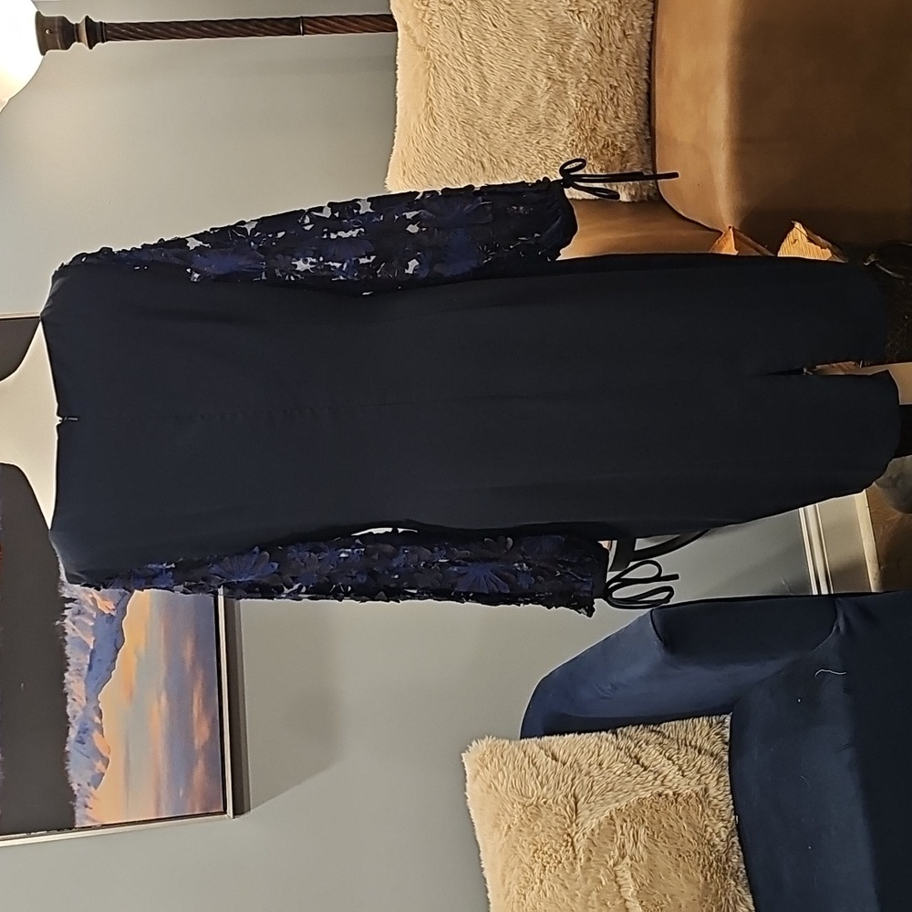 Badgley Mischka Boatneck Sheath Dress with Floral Puff Sleeves, Navy Blue Sz 14 - Picture 10 of 15